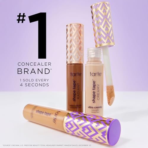 Tarte's Shape Tape concealers are shown in various shades, featuring labels \“Radiant\“ and \“Ultra Creamy.\“ The text claims it is the #1 concealer brand with one sold every four seconds.