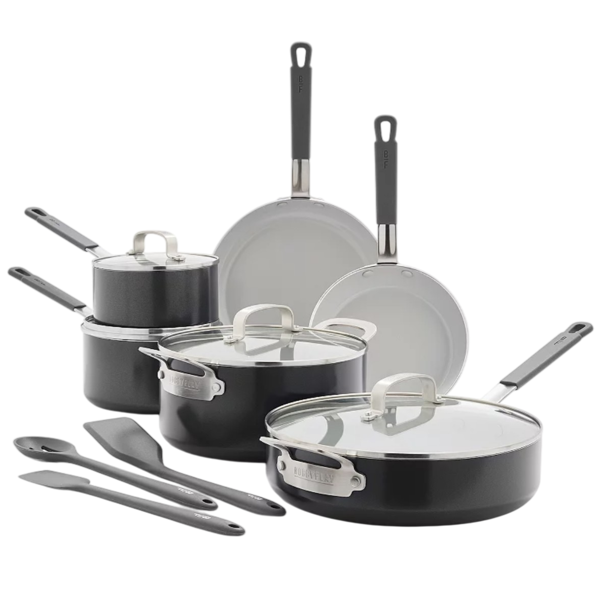 Cookware set with non-stick pots and pans, lids, and serving utensils. Includes two saucepans, a deep sauté pan, two frying pans, and three kitchen tools.