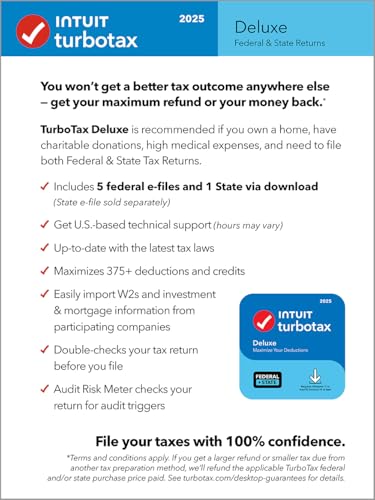 Intuit TurboTax 2025 Deluxe offers federal and state tax returns, including 5 federal e-files and 1 state download. It features tax law updates, 375+ deductions, W-2 imports, and an audit risk meter.