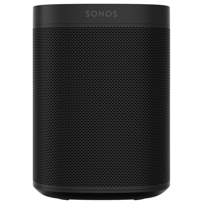 A black Sonos smart speaker with a sleek mesh grille design, offering wireless audio capabilities.