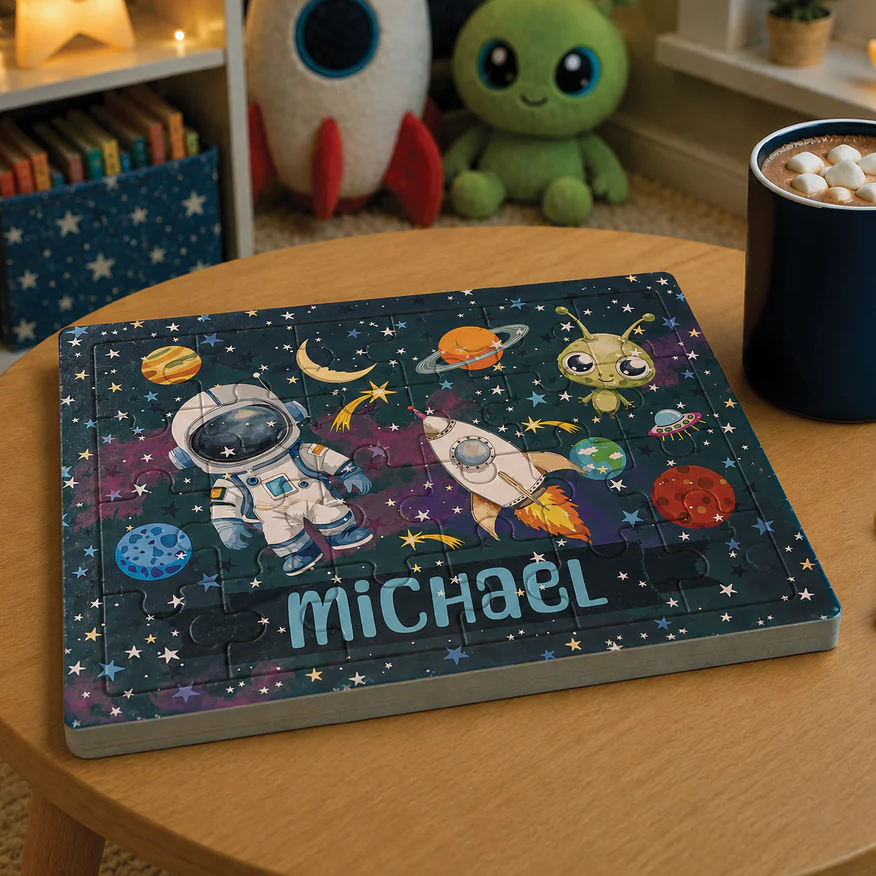 A space-themed puzzle on a table features an astronaut, rocket, and alien with planets and stars, personalized with the name \“Michael.\“ A plush alien and rocket decor, books, and a cup of hot chocolate are in the background.