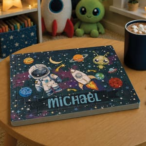 A space-themed puzzle on a table features an astronaut, rocket, and alien with planets and stars, personalized with the name \“Michael.\“ A plush alien and rocket decor, books, and a cup of hot chocolate are in the background.