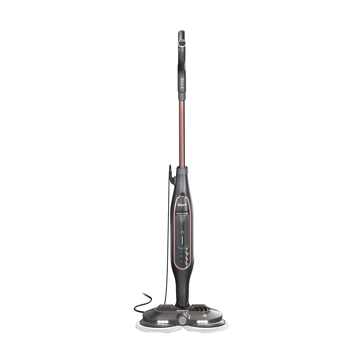 Refurbished Shark Steam & Scrub Mop with dual rotating pads for deep cleaning, LED headlights for visibility, and ergonomic handle for ease of use; suitable for sanitizing hard floors.