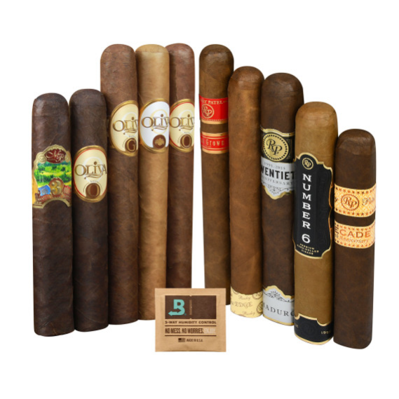 A selection of assorted cigars featuring various brands and labels, accompanied by a Boveda humidity control pack for maintaining cigar freshness.
