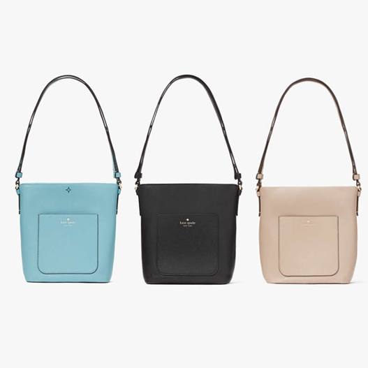 Three shoulder bags in light blue, black, and beige, with front pockets and brand logos.