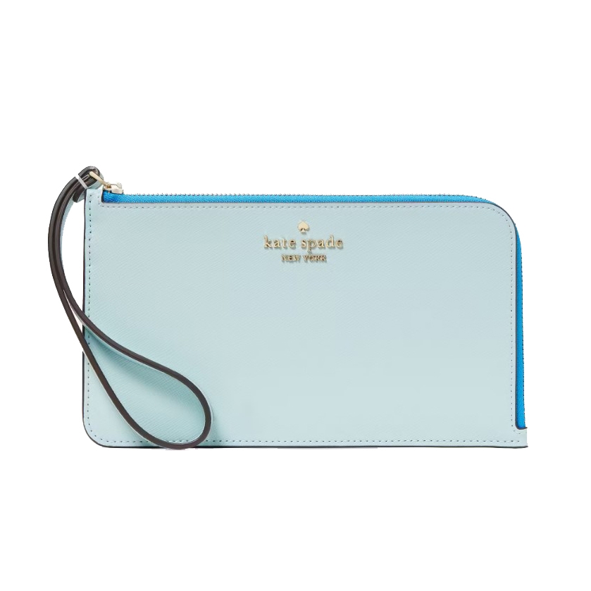 A light blue Kate Spade wristlet with a zip closure and a dark strap.