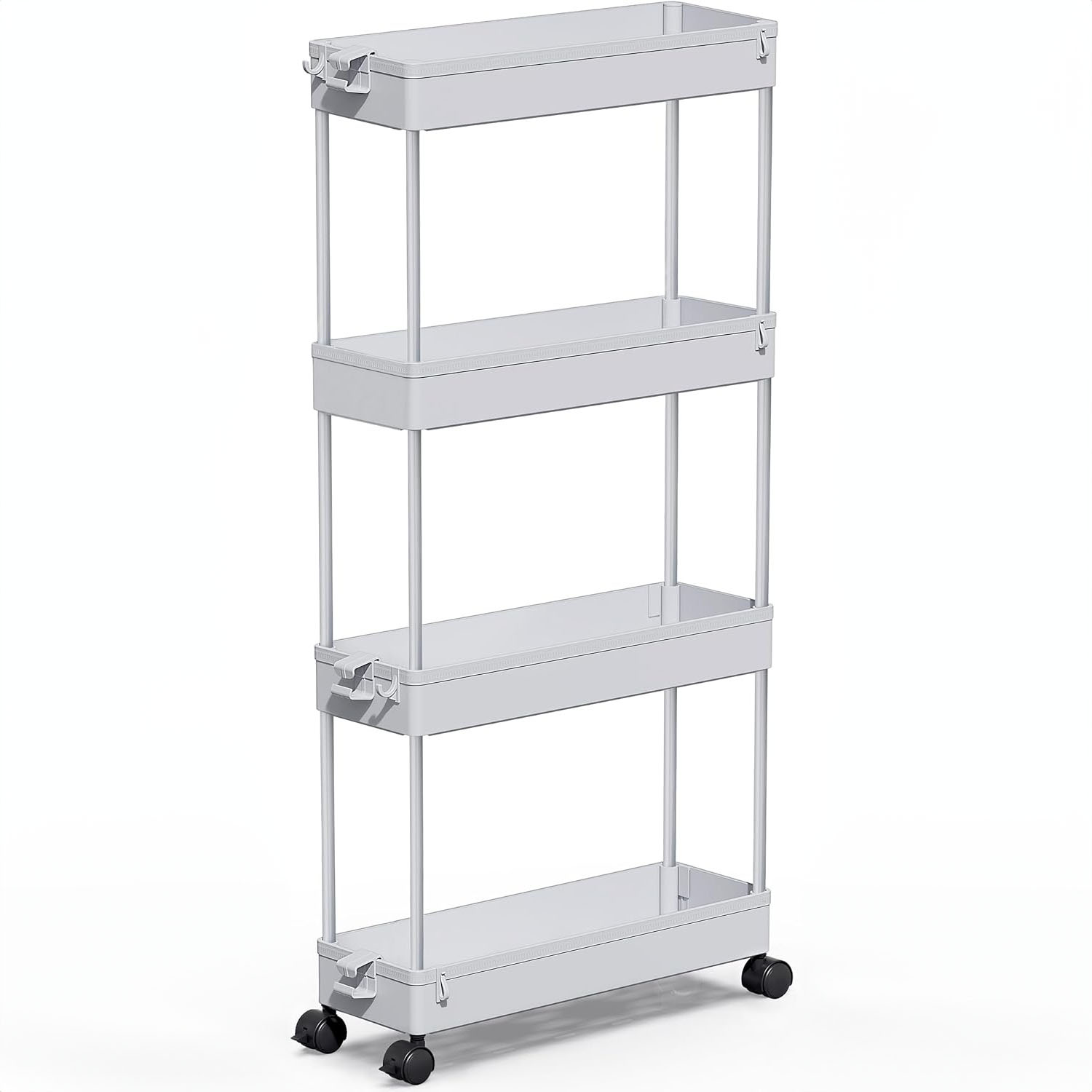 A three-tiered rolling utility cart with handles on the top shelf.