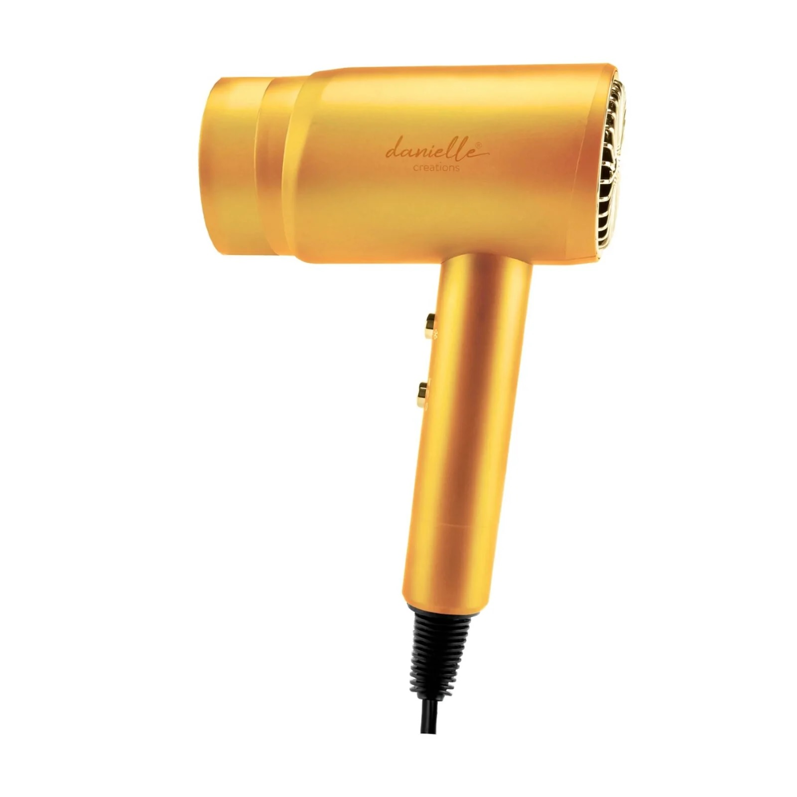 Gold-colored compact blow dryer by Danielle Creations with a sleek, minimalist design, featuring a cylindrical body, short handle, and two visible control buttons on the handle.