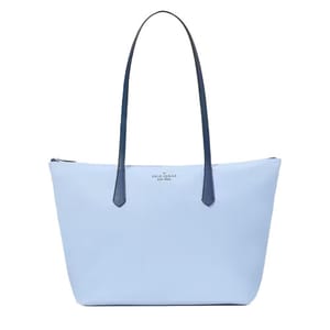 Light blue tote bag with dark handles, featuring a zippered top and a minimalist design.