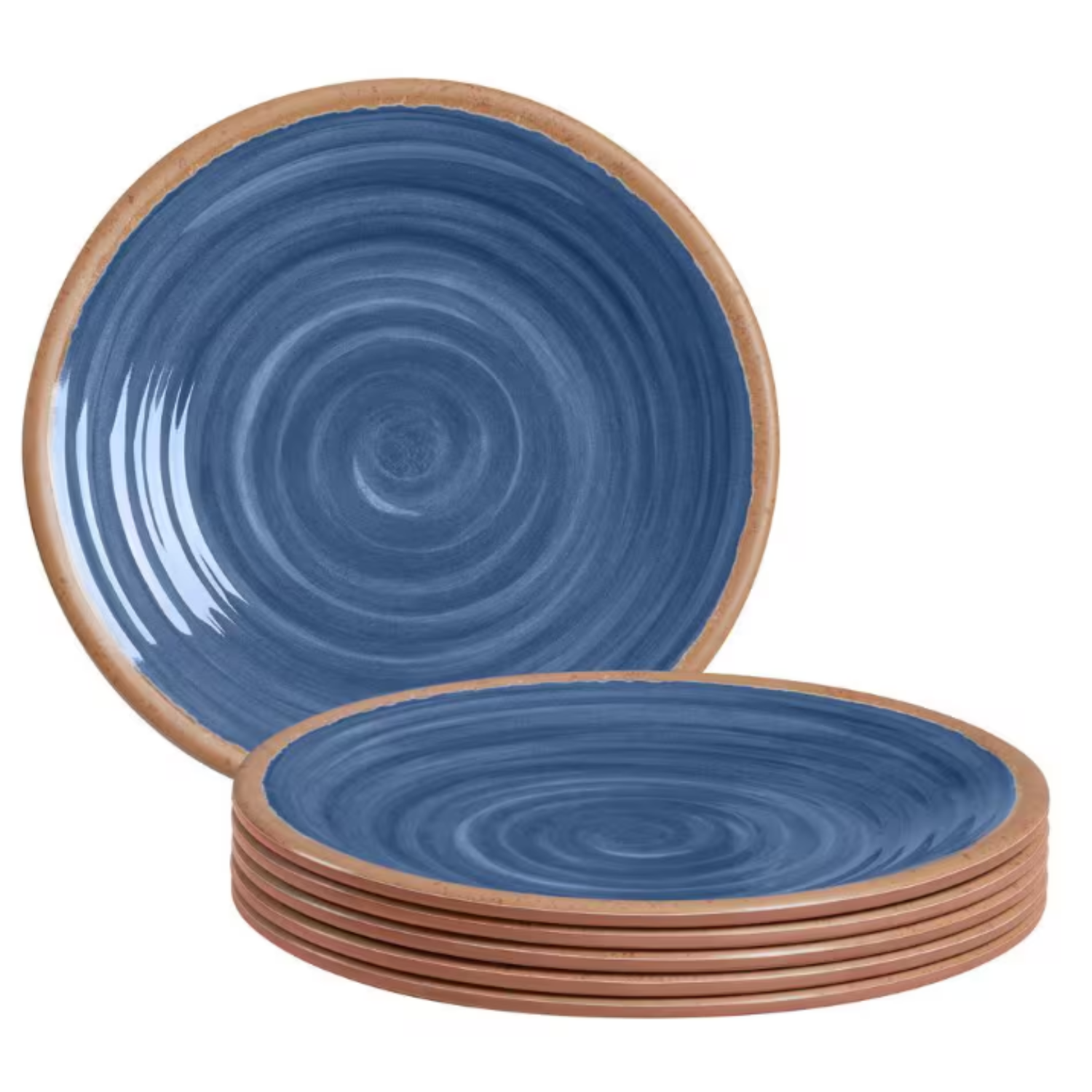 A set of six melamine plates with a blue swirling pattern on the surface and a brown rim.