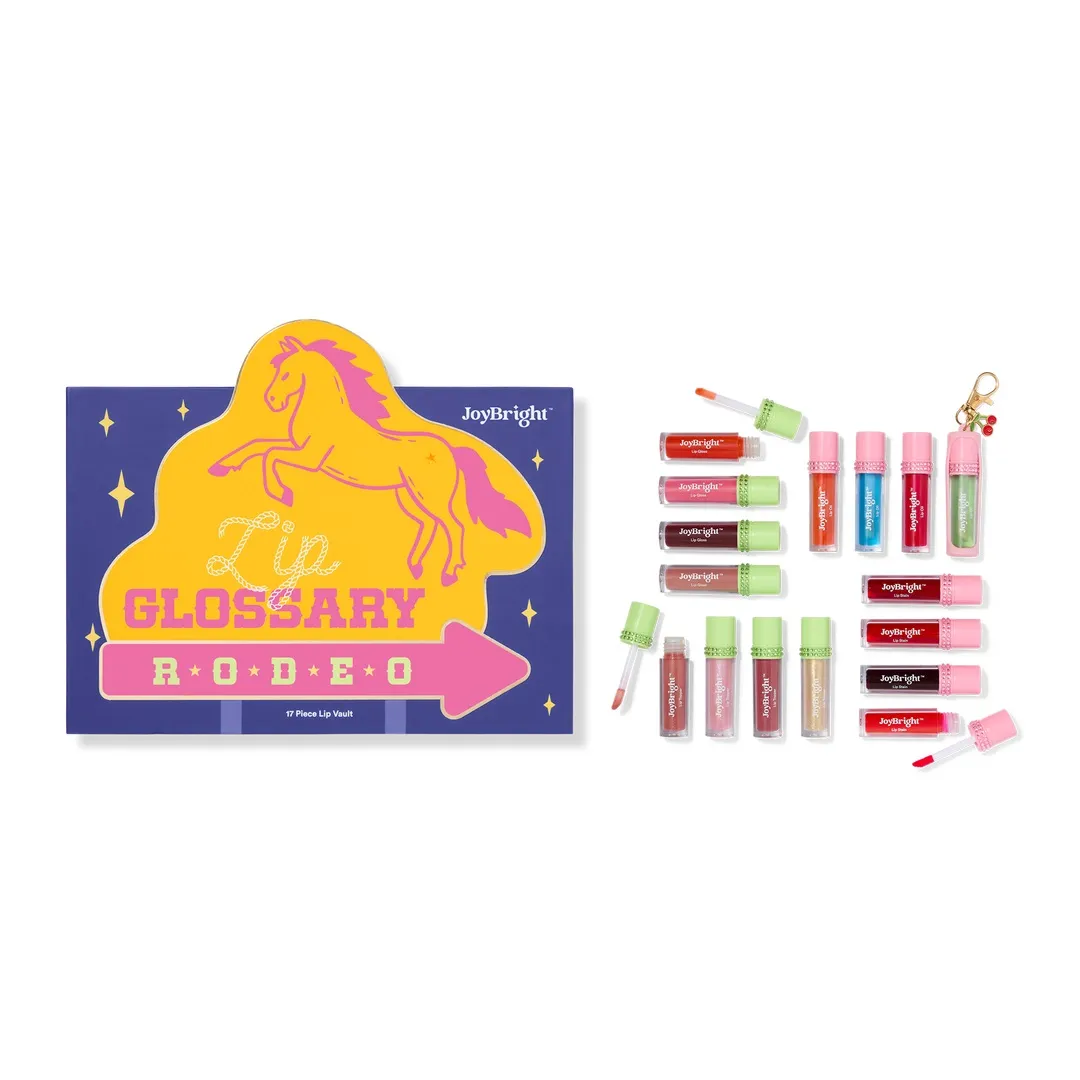 JoyBright Lip Glossary Rodeo set includes 17 lip glosses in various colors, housed in a purple box with a pink horse design.
