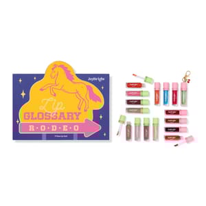 JoyBright Lip Glossary Rodeo set includes 17 lip glosses in various colors, housed in a purple box with a pink horse design.