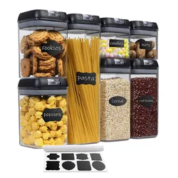 7-piece clear food storage set with black lids, includes containers for cookies, pasta, candies, nuts, popcorn, cereal, and red beans, featuring customizable chalkboard labels and a chalk marker.