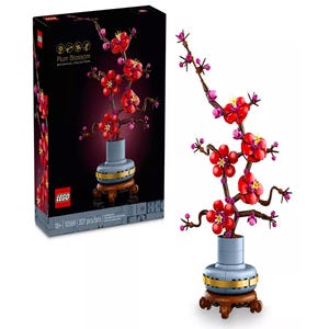 LEGO Plum Blossom Botanical Collection, set 10359, features a detailed build of a plum blossom tree with vibrant red and pink flowers. Contains 327 pieces, recommended for ages 18+.