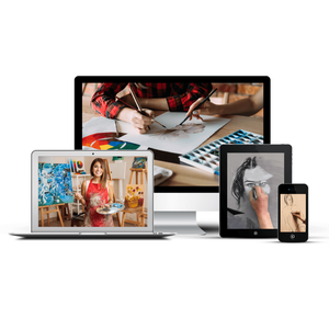 A desktop, laptop, tablet, and smartphone display various art-related images, showcasing diverse artistic activities across multiple devices.