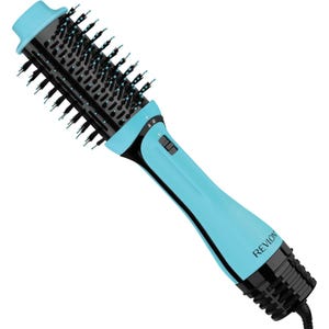 Revlon One-Step Hair Dryer and Volumizer in turquoise features a rectangular brush head for styling and drying hair.