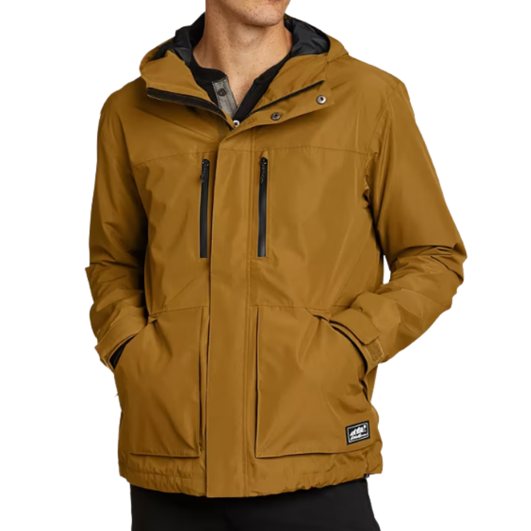 Brown hooded jacket with multiple zippered pockets and a patch logo on the bottom left.