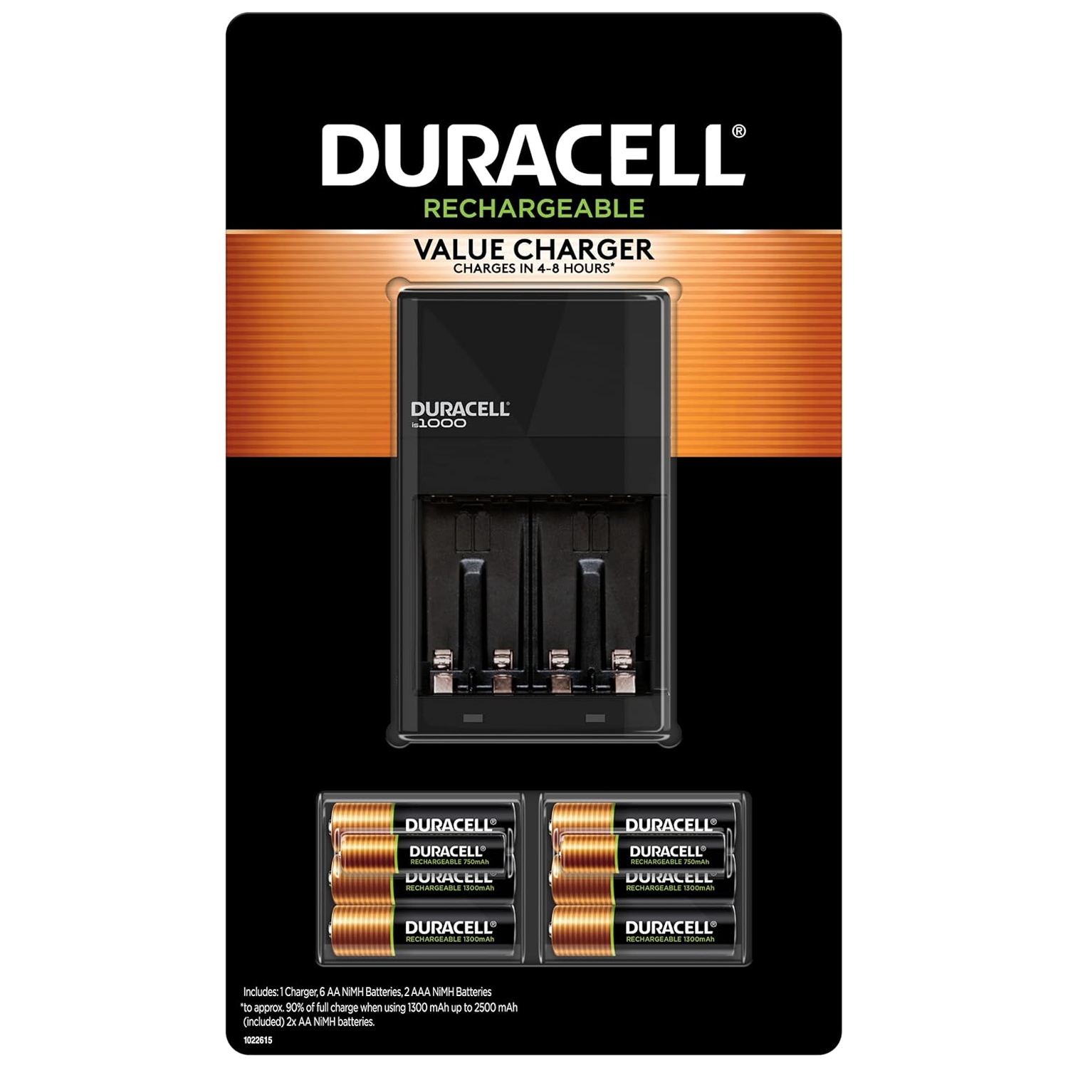 Duracell Rechargeable Value Charger set includes a charger and 6 AA and 2 AAA NiMH batteries, capable of charging in 4-8 hours.