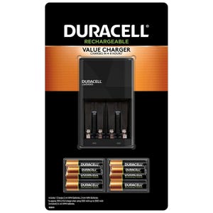 Duracell Rechargeable Value Charger set includes a charger and 6 AA and 2 AAA NiMH batteries, capable of charging in 4-8 hours.