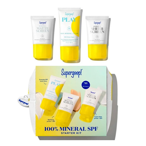 Supergoop! sunscreen kit with three tubes labeled Matte Screen, Play, and Sheer Screen SPF 30.