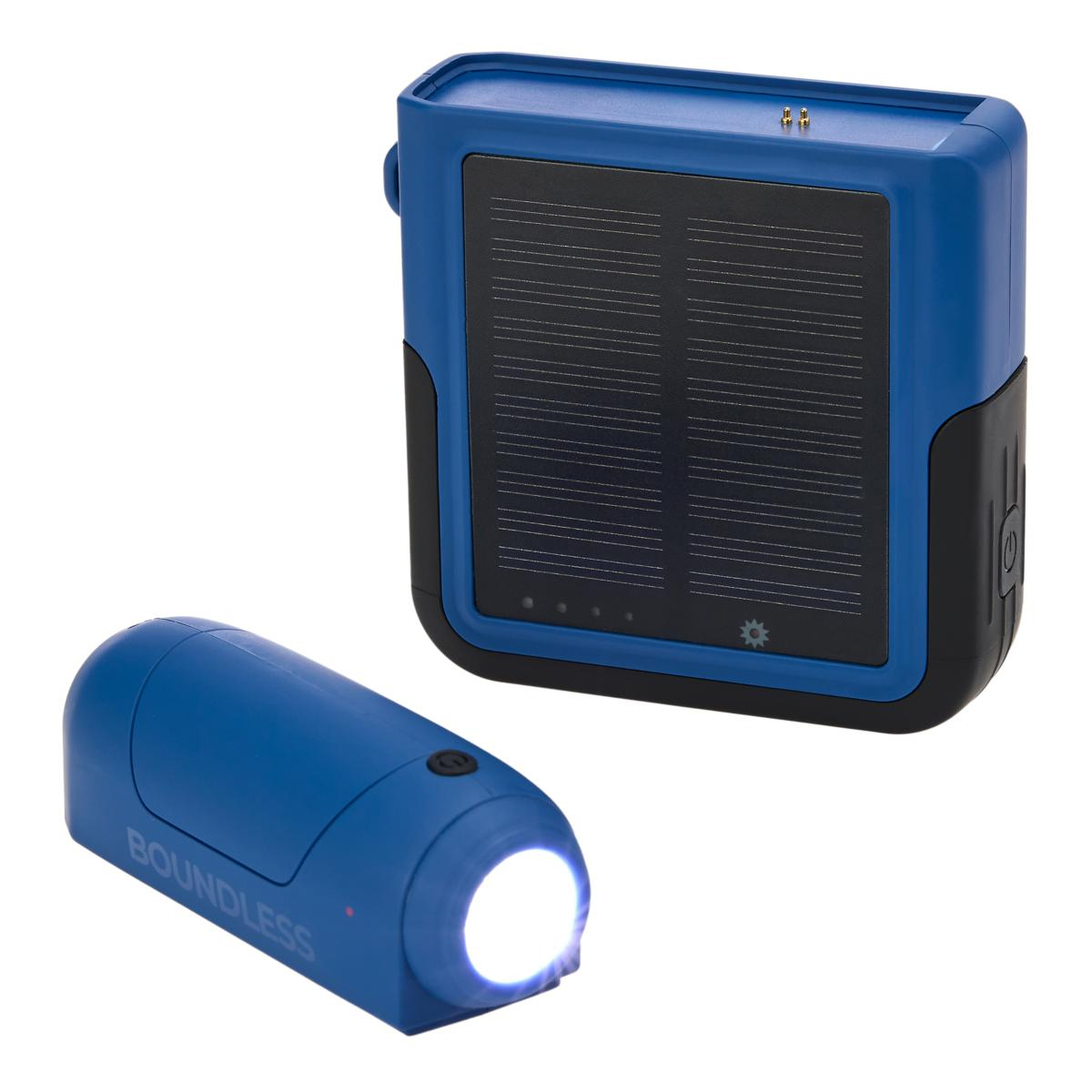 Blue solar power bank with a built-in solar panel and a detachable flashlight. The power bank has a rectangular design, and the flashlight features a cylindrical shape with a lit LED, both in a matching color scheme.