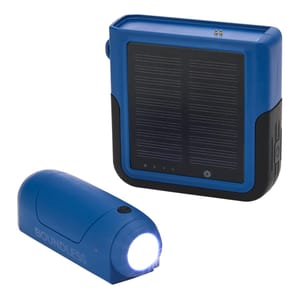 Blue solar power bank with a built-in solar panel and a detachable flashlight. The power bank has a rectangular design, and the flashlight features a cylindrical shape with a lit LED, both in a matching color scheme.
