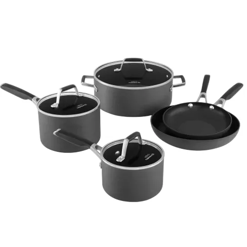 A four-piece cookware set is shown, including a frying pan, two saucepans with lids, and a large pot with a lid. The set features dark, non-stick surfaces and black handles.