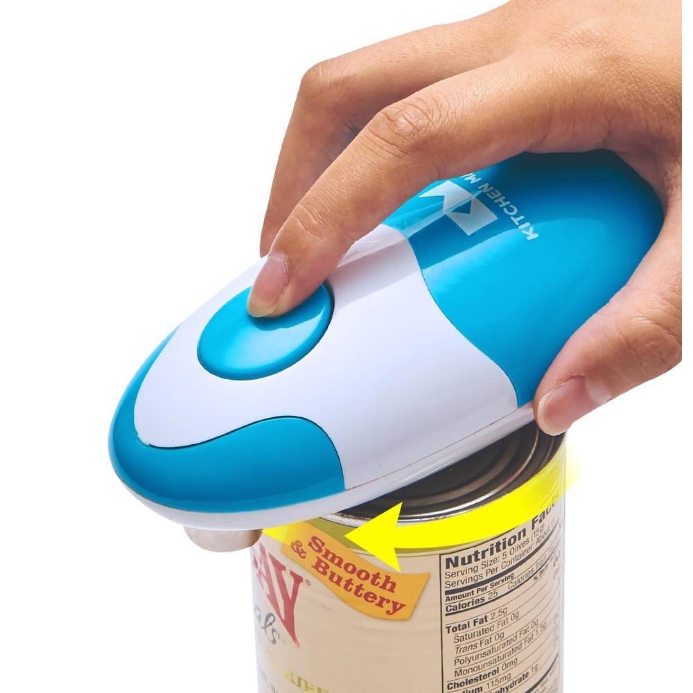 A blue and white electric can opener is being used to open a can labeled \“Smooth & Buttery.\“