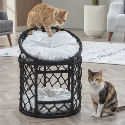 Black woven cat furniture with two cushioned levels; one cat is on top, another is sitting nearby.