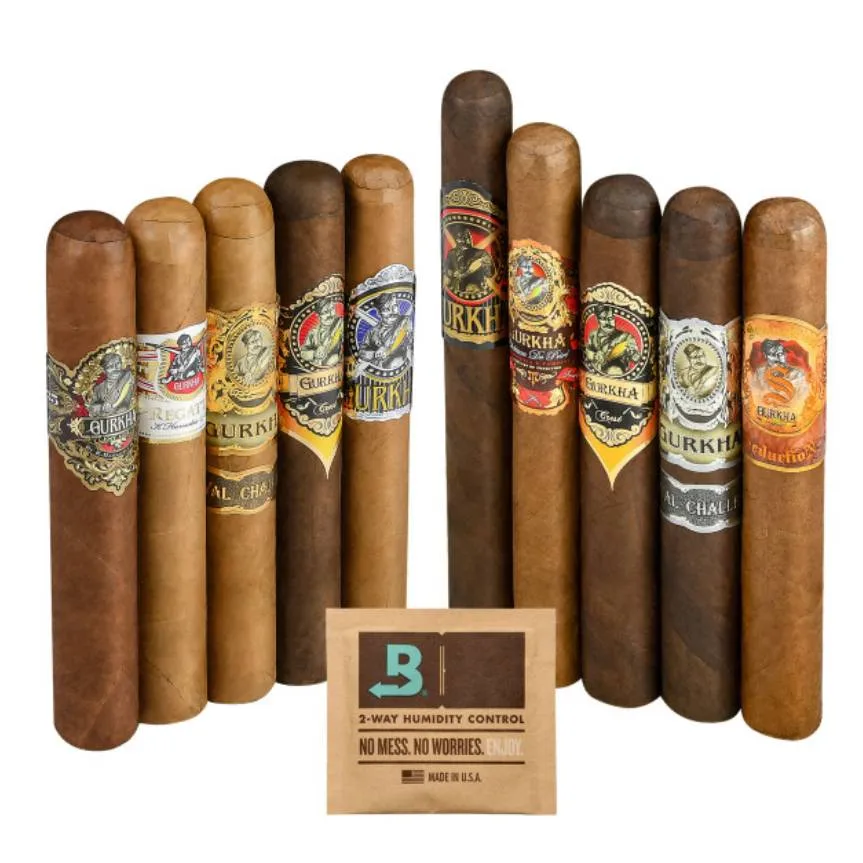 A selection of cigars with various colored labels and a packet labeled \“2-WAY HUMIDITY CONTROL\“ indicating moisture regulation for storage.