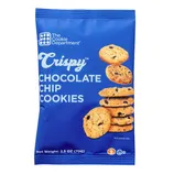 Crispy chocolate chip cookies by The Cookie Department, packaged in a blue bag, weighing 2.5 oz (70g).