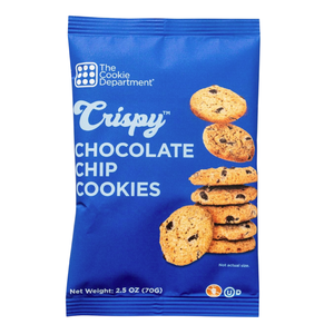 Crispy chocolate chip cookies by The Cookie Department, packaged in a blue bag, weighing 2.5 oz (70g).