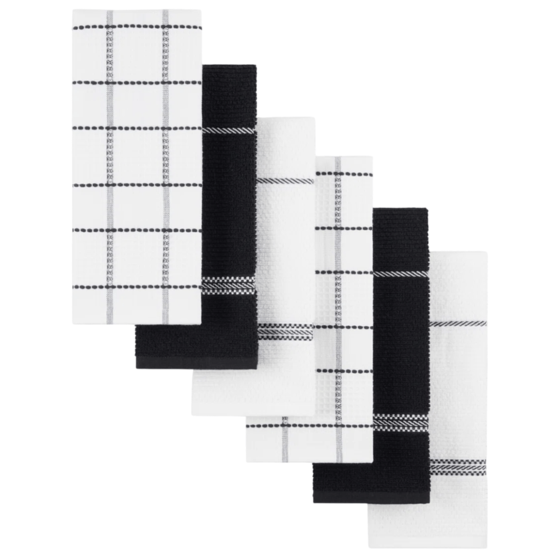 A set of six kitchen towels with a black and white theme, featuring a mix of solid colors and plaid patterns.