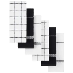 A set of six kitchen towels with a black and white theme, featuring a mix of solid colors and plaid patterns.