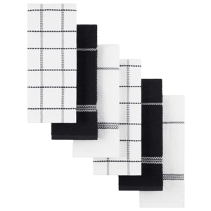 A set of six kitchen towels with a black and white theme, featuring a mix of solid colors and plaid patterns.