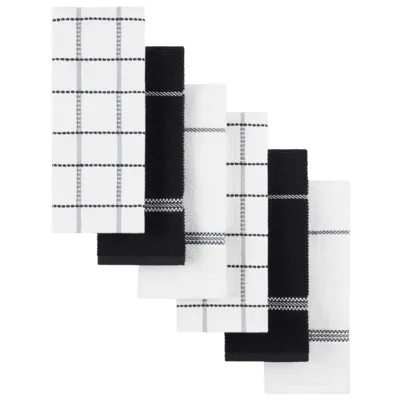 A set of six kitchen towels with a black and white theme, featuring a mix of solid colors and plaid patterns.