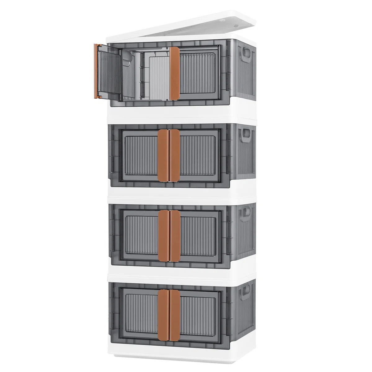 Stackable storage unit with four transparent plastic drawers and brown handles, featuring a top that opens for easy access.