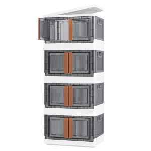 Stackable storage unit with four transparent plastic drawers and brown handles, featuring a top that opens for easy access.