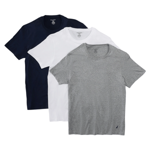 Three crew neck t-shirts in navy, white, and gray are displayed.