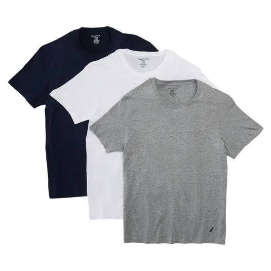 Three crew neck t-shirts in navy, white, and gray are displayed.