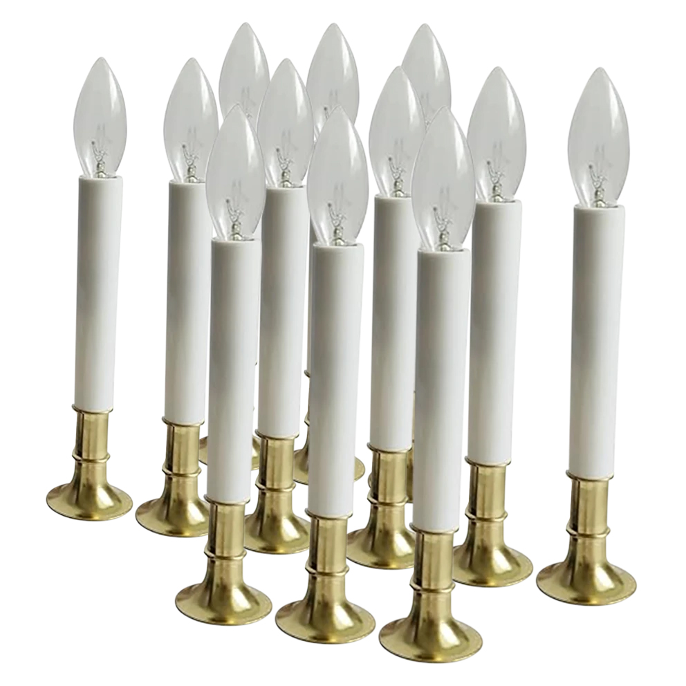 12-pack of white LED holiday candles with clear bulb tops and gold bases, designed to mimic traditional candles.