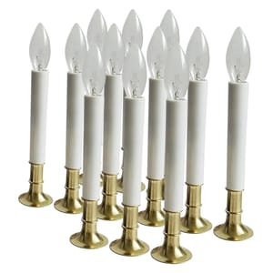 12-pack of white LED holiday candles with clear bulb tops and gold bases, designed to mimic traditional candles.