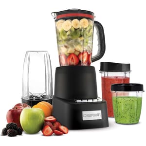 A blending set featuring a black base with a main blender jar filled with fruits, two additional single-serve jars containing different smoothies, a blending cup, and assorted fruits like apples, strawberries, and oranges placed around it.