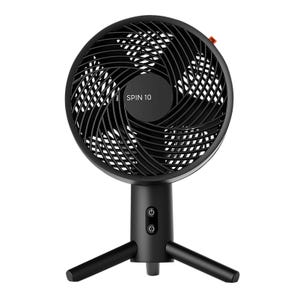 Black circular desk fan with a logo reading \“SPIN 10\“ on the front and two control buttons on the stand.