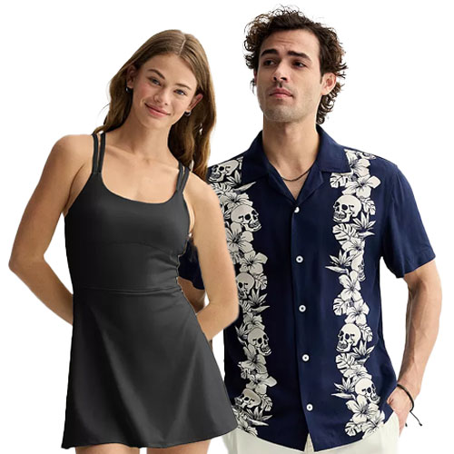 A woman in a black athletic dress and a man in a navy Hawaiian shirt with white floral and skull patterns stand together.
