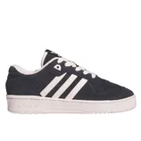 Navy and white Adidas sneakers featuring the signature three stripes design with a textured sole and lace-up closure.