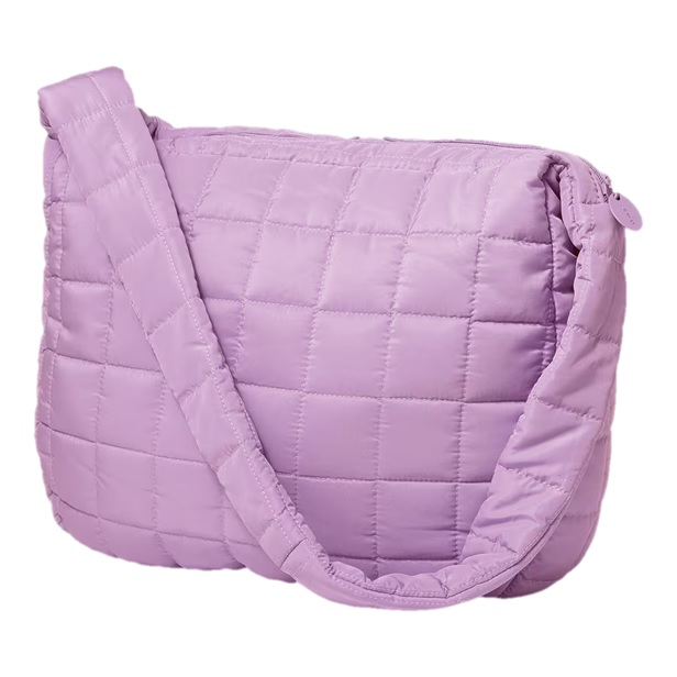 A light purple quilted shoulder bag with a soft padding and a grid pattern, featuring a zippered closure and an adjustable padded strap.