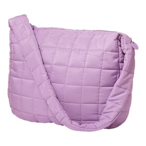 A light purple quilted shoulder bag with a soft padding and a grid pattern, featuring a zippered closure and an adjustable padded strap.
