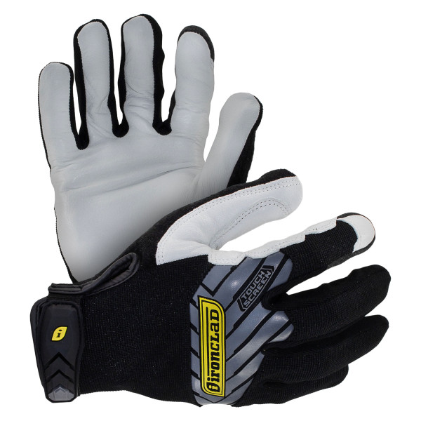 Work gloves with black and white leather design, featuring touch screen capability and a Velcro strap for secure fit.