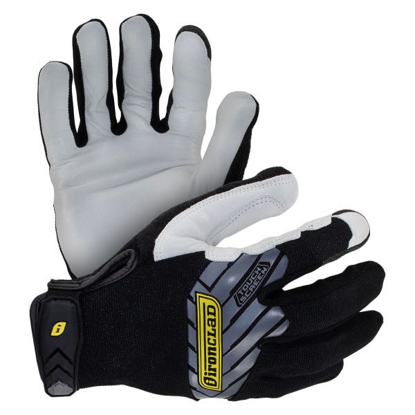 Work gloves with black and white leather design, featuring touch screen capability and a Velcro strap for secure fit.